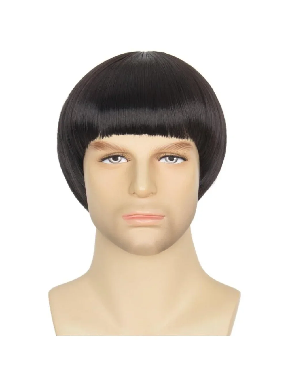Men's Black Retro Bowl Cut Straight Synthetic Mushroom Hairpiece Bangs Wig